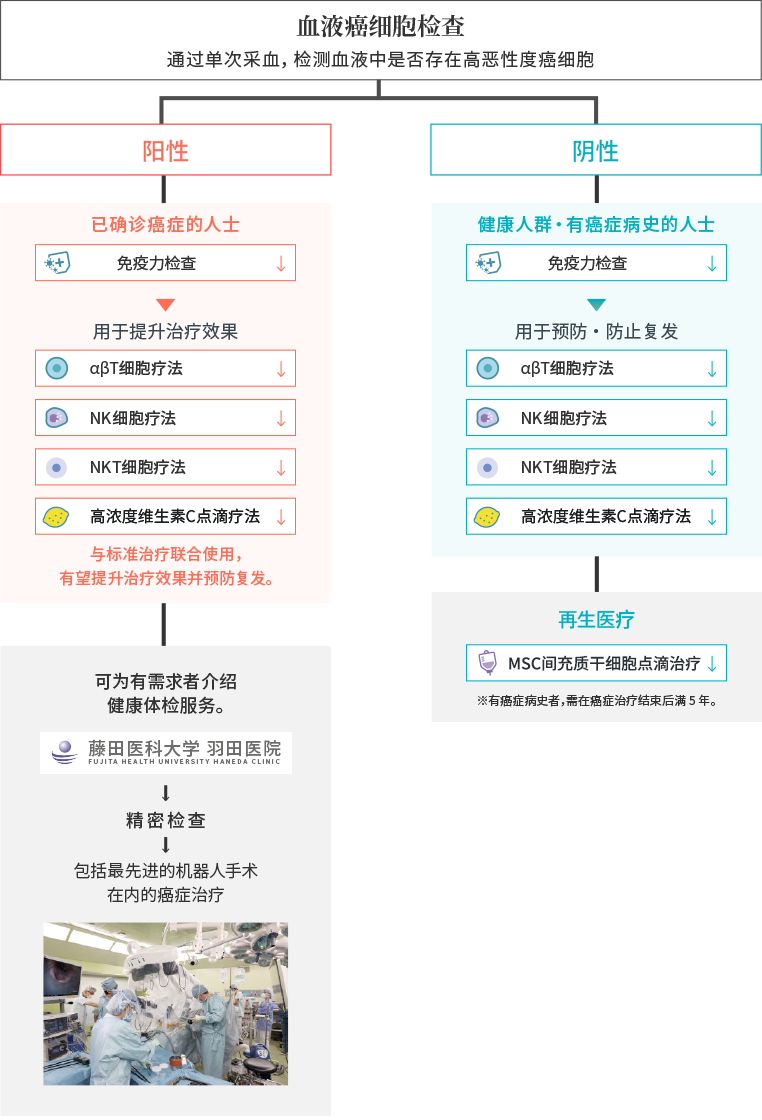 血液癌细胞检查 通过单次采血，检测血液中是否存在高恶性度癌细胞／【阳性】已确诊癌症的人士：「免疫力检查」→用于提升治疗效果「αβ細胞療法」「NK细胞疗法」「NKT细胞疗法」「高浓度维生素C点滴疗法」与标准治疗联合使用，有望提升治疗效果并预防复发。ー可为有需求者介绍健康体检服务。「藤田医科大学 羽田医院」→精密检查→包括最先进的机器人手术在内的癌症治疗／【阴性】健康人群・有癌症病史的人士「免疫力检查」→用于预防・防止复发「αβT细胞疗法」「NK细胞疗法」「NKT细胞疗法」「高浓度维生素C点滴疗法」ー再生医疗「MSC间充质干细胞点滴治疗」※有癌症病史者，需在癌症治疗结束后满5年。